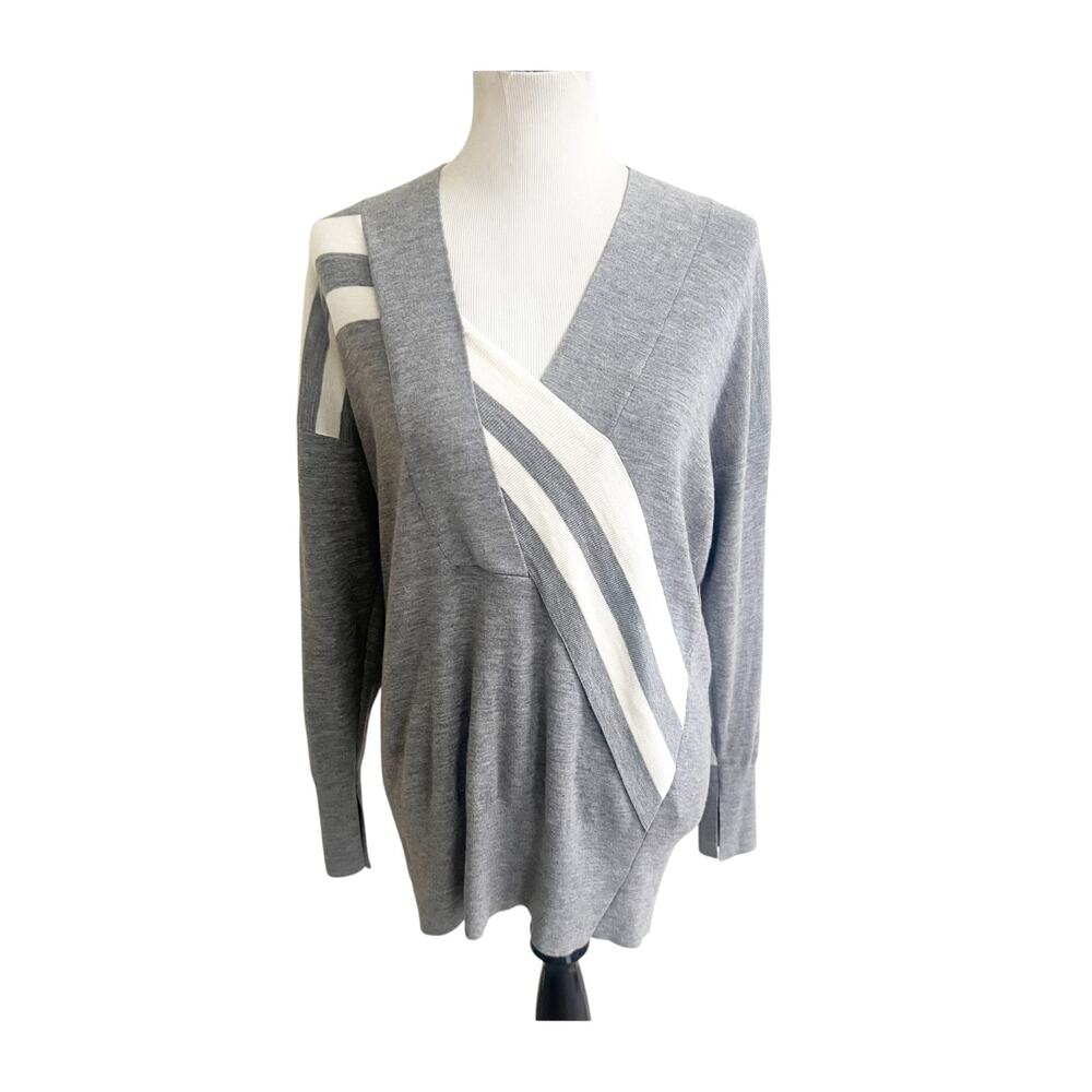 Rag & Bone Sweater Womens XS Gray Diagonal Stripe Merino Wool V-Neck Preppy